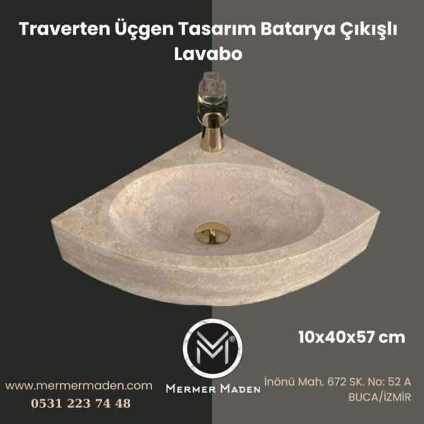 Traverten Üçgen Tasarım Batarya Çıkışlı Lavabo | Modern ve Şık Doğal Taş Lavabo