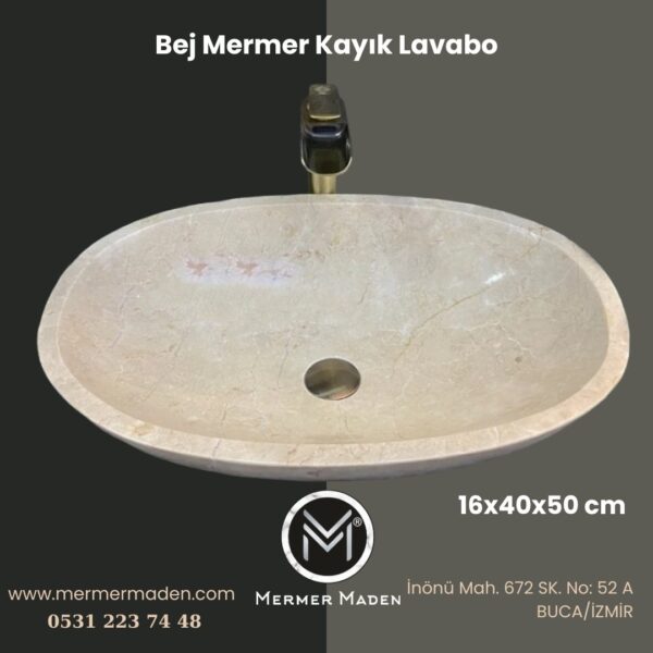 Bej Mermer Kayık Lavabo | Modern ve Şık Doğal Taş Lavabo