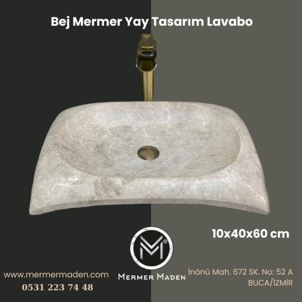 Bej Mermer Yay Tasarım Lavabo | Modern ve Şık Doğal Taş Lavabo