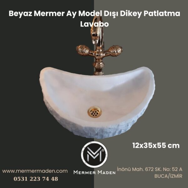 Beyaz Mermer Ay Model Dışı Dikey Patlatma Lavabo | Modern ve Şık Doğal Taş Lavabo