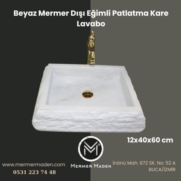 Beyaz Mermer Dışı Eğimli Patlatma Kare Lavabo | Modern ve Şık Doğal Taş Lavabo