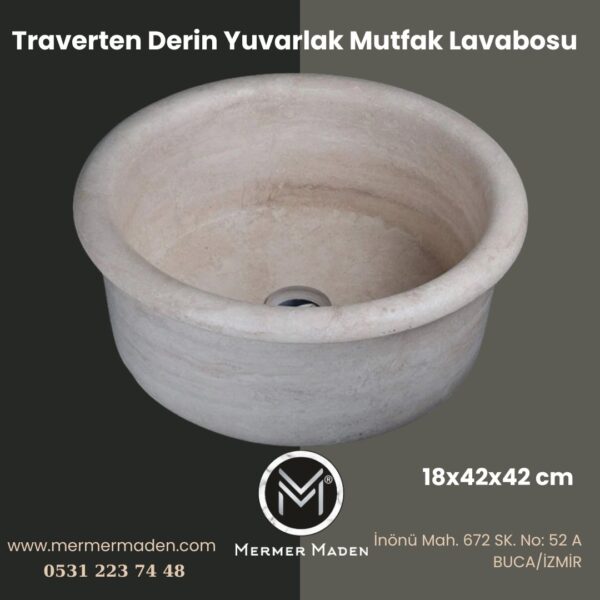 Traverten Derin Yuvarlak Mutfak Lavabosu | Modern ve Şık Doğal Taş Lavabo