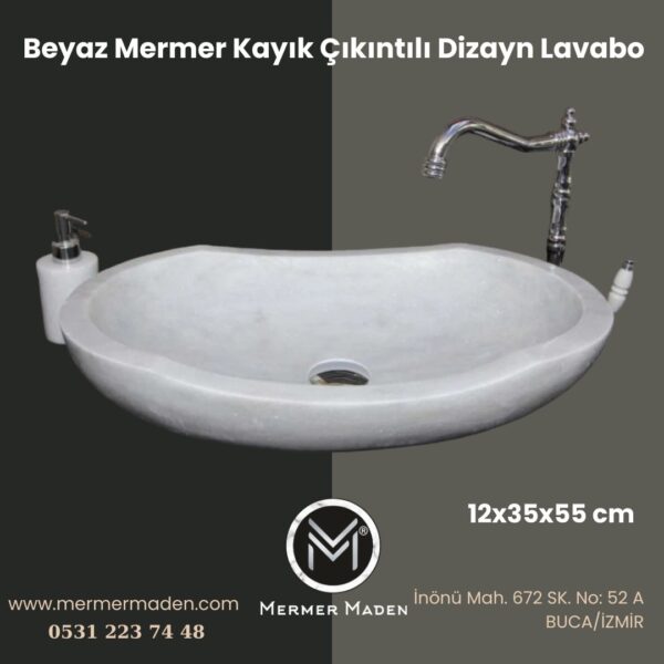 Beyaz Mermer Kayık Çıkıntılı Dizayn Lavabo | Modern ve Şık Doğal Taş Lavabo