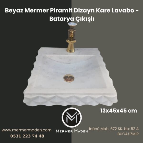 Beyaz Mermer Piramit Dizayn Kare Lavabo - Batarya Çıkışlı | Modern ve Şık Doğal Taş Lavabo