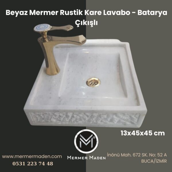 Beyaz Mermer Rustik Kare Lavabo - Batarya Çıkışlı | Modern ve Şık Doğal Taş Lavabo