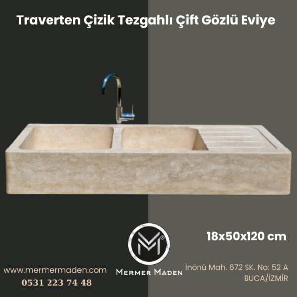 Traverten Çizik Tezgahlı Çift Gözlü Eviye | Modern ve Şık Doğal Taş Lavabo