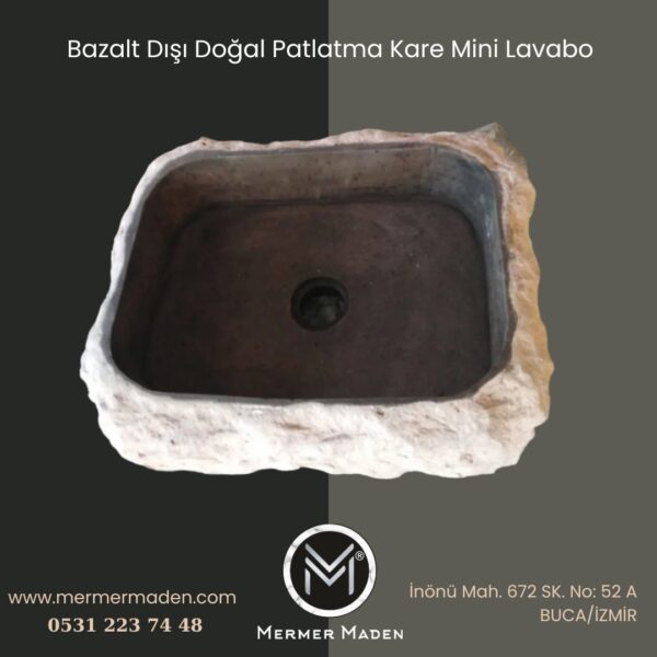 Bazalt Dışı Doğal Patlatma Kare Mini Lavabo | Modern ve Şık Doğal Taş Lavabo