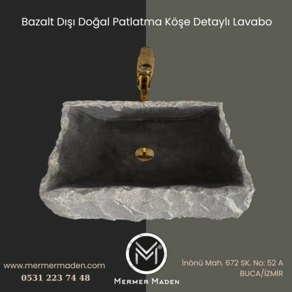 Bazalt Dışı Doğal Patlatma Köşe Detaylı Lavabo | Modern ve Şık Doğal Taş Lavabo