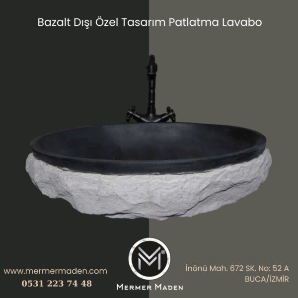 Bazalt Dışı Özel Tasarım Patlatma Lavabo | Modern ve Şık Doğal Taş Lavabo