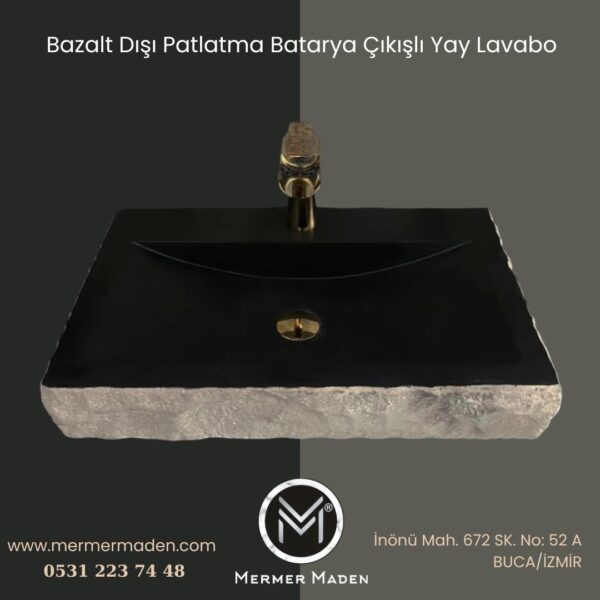 Bazalt Dışı Patlatma Batarya Çıkışlı Yay Lavabo | Modern ve Şık Doğal Taş Lavabo