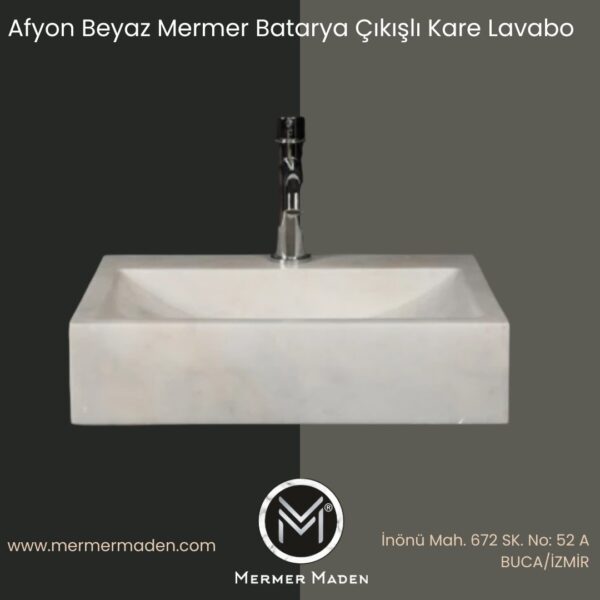 Afyon Beyaz Mermer Batarya Çıkışlı Kare Lavabo | Modern ve Şık Doğal Taş Lavabo