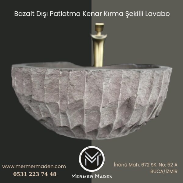 Bazalt Dışı Patlatma Kenar Kırma Şekilli Lavabo | Modern ve Şık Doğal Taş Lavabo