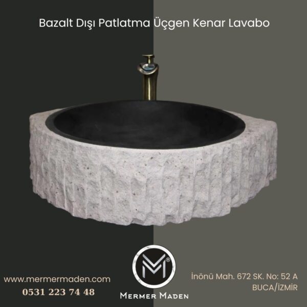 Bazalt Dışı Patlatma Üçgen Kenar Lavabo | Modern ve Şık Doğal Taş Lavabo