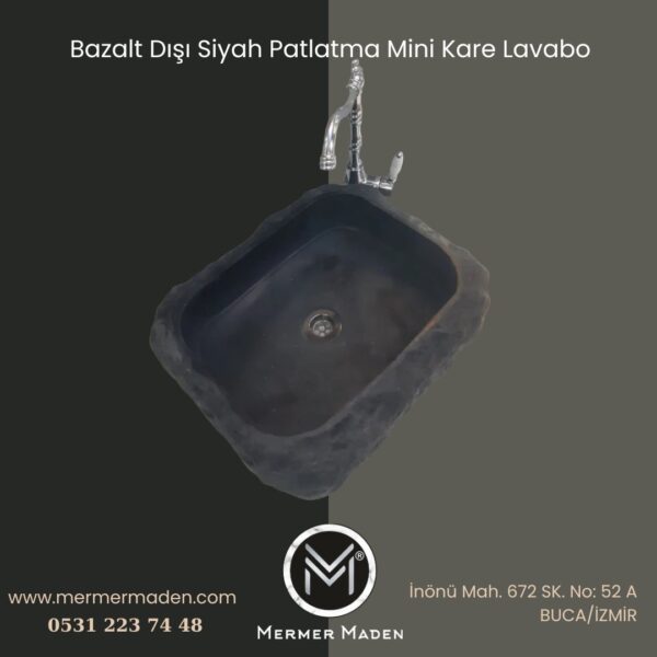 Bazalt Dışı Siyah Patlatma Mini Kare Lavabo | Modern ve Şık Doğal Taş Lavabo