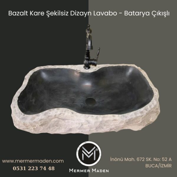 Bazalt Kare Şekilsiz Dizayn Lavabo - Batarya Çıkışlı | Modern ve Şık Doğal Taş Lavabo