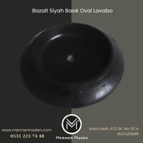 Bazalt Siyah Basık Oval Lavabo | Modern ve Şık Doğal Taş Lavabo