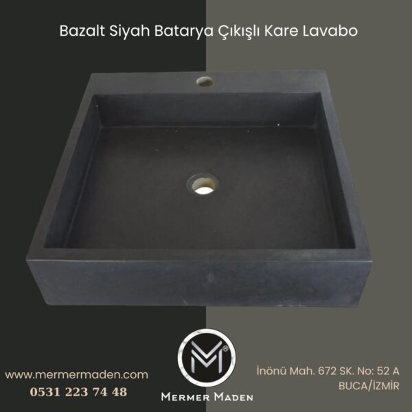 Bazalt Siyah Batarya Çıkışlı Kare Lavabo | Modern ve Şık Doğal Taş Lavabo