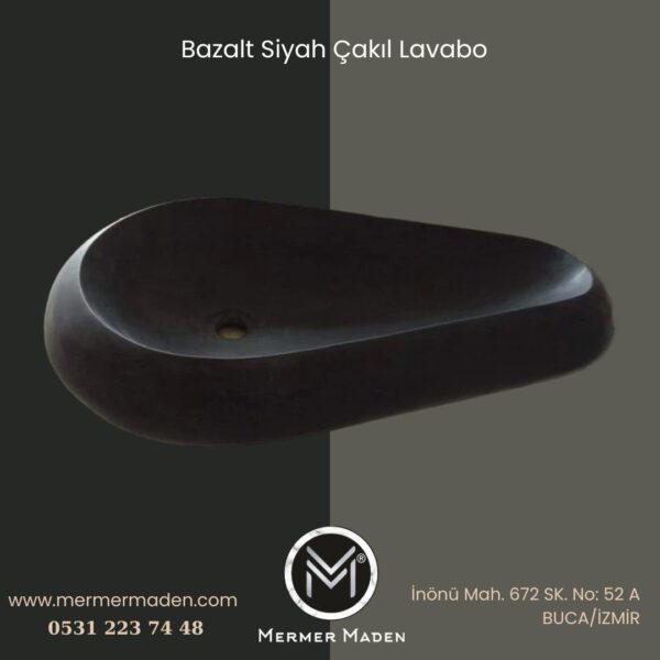Bazalt Siyah Çakıl Lavabo | Modern ve Şık Doğal Taş Lavabo
