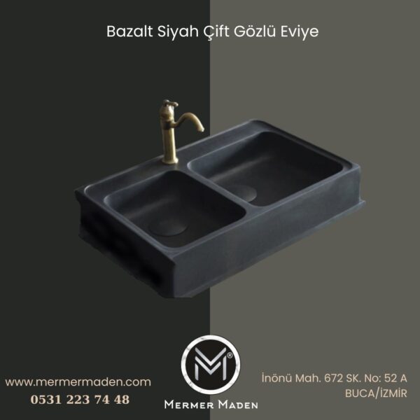 Bazalt Siyah Çift Gözlü Eviye | Modern ve Şık Doğal Taş Lavabo