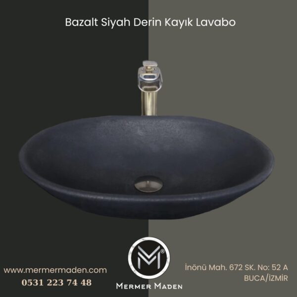 Bazalt Siyah Derin Kayık Lavabo | Modern ve Şık Doğal Taş Lavabo