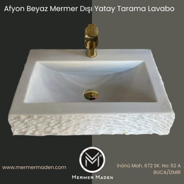 Afyon Beyaz Mermer Dışı Yatay Tarama Lavabo | Modern ve Şık Doğal Taş Lavabo