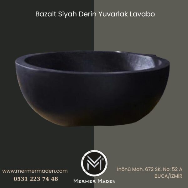Bazalt Siyah Derin Yuvarlak Lavabo | Modern ve Şık Doğal Taş Lavabo