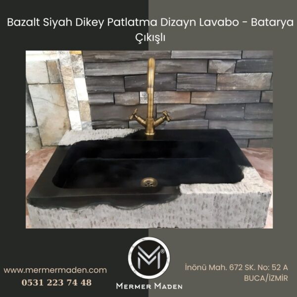Bazalt Siyah Dikey Patlatma Dizayn Lavabo - Batarya Çıkışlı | Modern ve Şık Doğal Taş Lavabo