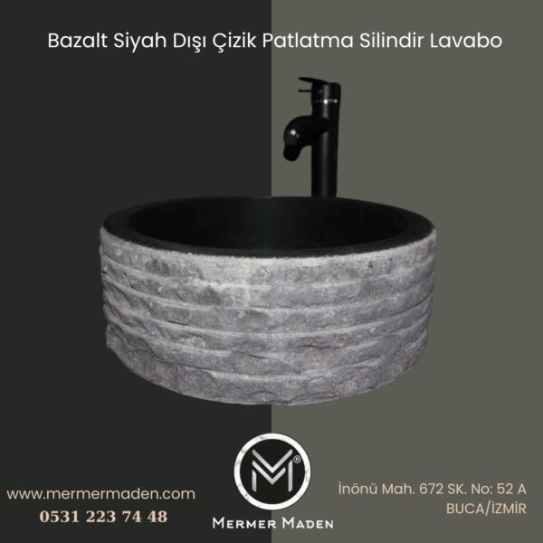 Bazalt Siyah Dışı Çizik Patlatma Silindir Lavabo | Modern ve Şık Doğal Taş Lavabo