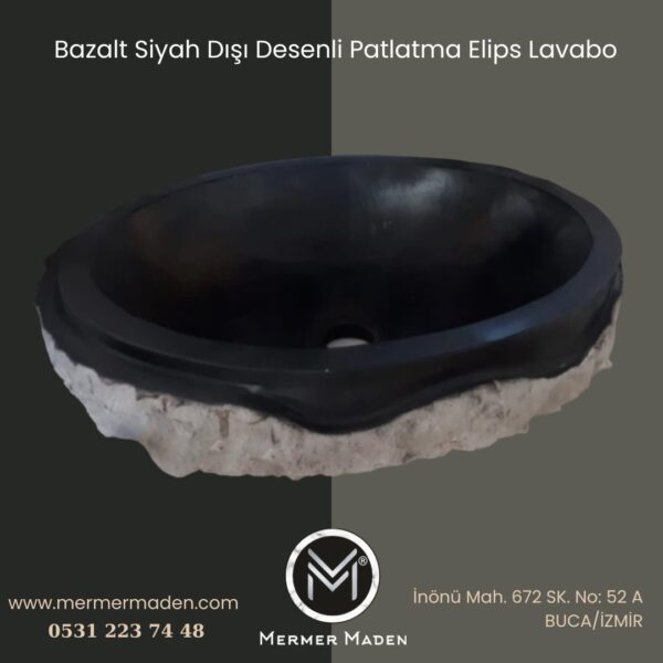 Bazalt Siyah Dışı Desenli Patlatma Elips Lavabo | Modern ve Şık Doğal Taş Lavabo