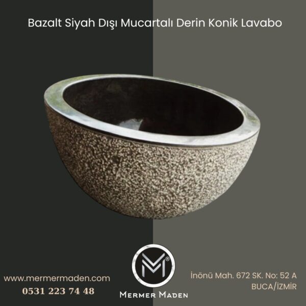 Bazalt Siyah Dışı Mucartalı Derin Konik Lavabo | Modern ve Şık Doğal Taş Lavabo