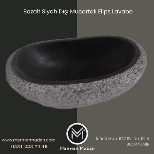 Bazalt Siyah Dışı Mucartalı Elips Lavabo | Modern ve Şık Doğal Taş Lavabo