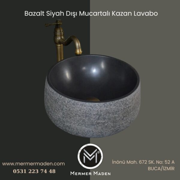 Bazalt Siyah Dışı Mucartalı Kazan Lavabo | Modern ve Şık Doğal Taş Lavabo