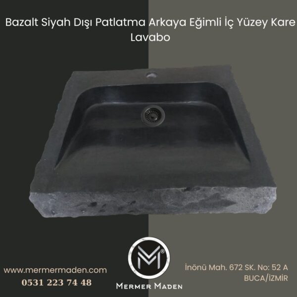 Bazalt Siyah Dışı Patlatma Arkaya Eğimli İç Yüzey Kare Lavabo | Modern ve Şık Doğal Taş Lavabo
