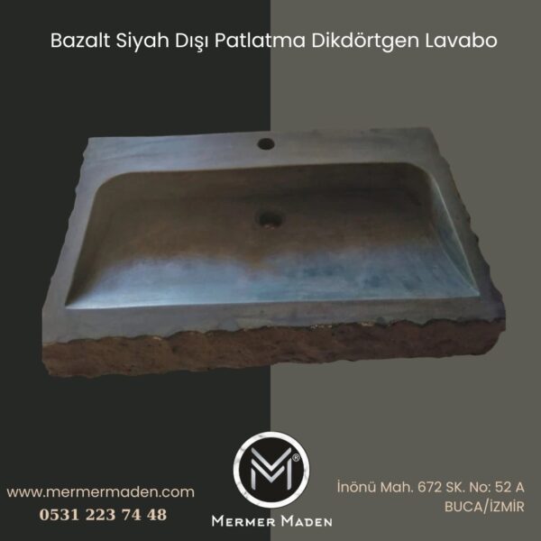 Bazalt Siyah Dışı Patlatma Dikdörtgen Lavabo | Modern ve Şık Doğal Taş Lavabo