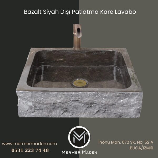 Bazalt Siyah Dışı Patlatma Kare Lavabo | Modern ve Şık Doğal Taş Lavabo