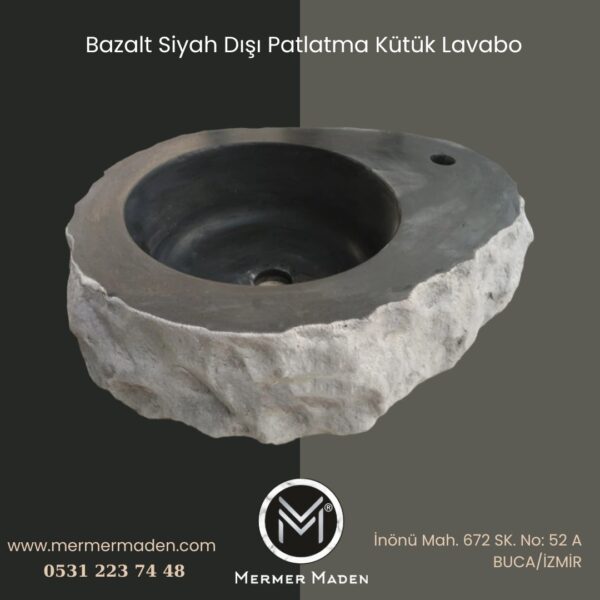 Bazalt Siyah Dışı Patlatma Kütük Lavabo | Modern ve Şık Doğal Taş Lavabo