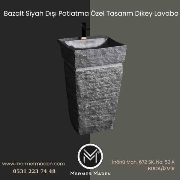 Bazalt Siyah Dışı Patlatma Özel Tasarım Dikey Lavabo | Modern ve Şık Doğal Taş Lavabo