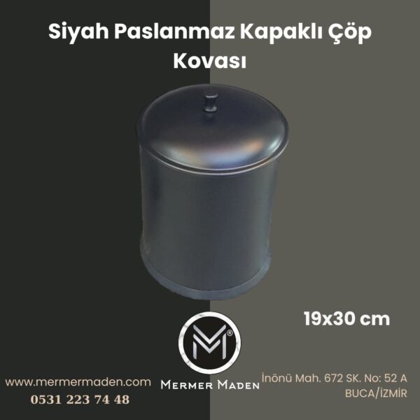 Siyah Paslanmaz Kapaklı Çöp Kovası