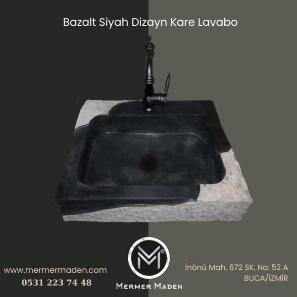 Bazalt Siyah Dizayn Kare Lavabo | Modern ve Şık Doğal Taş Lavabo