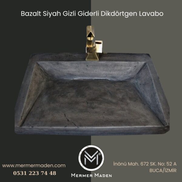 Bazalt Siyah Gizli Giderli Dikdörtgen Lavabo | Modern ve Şık Doğal Taş Lavabo