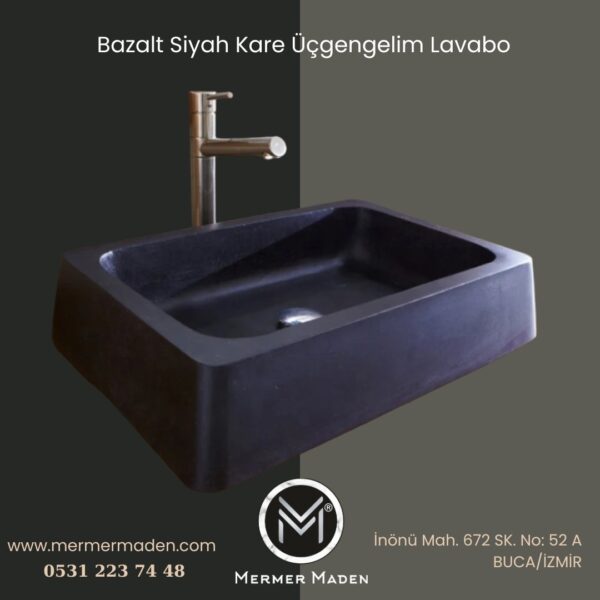 Bazalt Siyah Kare Üçgengelim Lavabo | Modern ve Şık Doğal Taş Lavabo