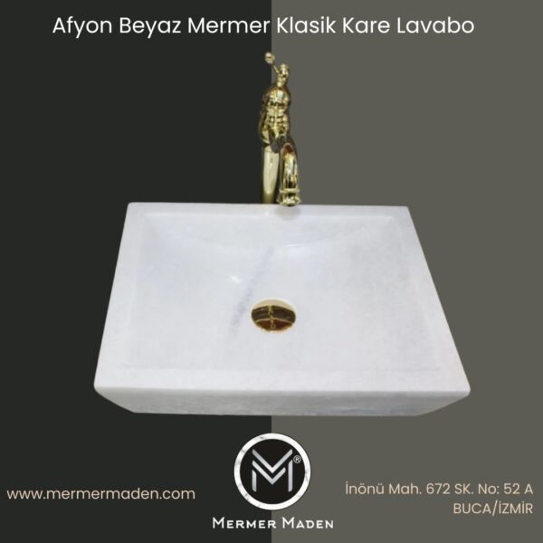 Afyon Beyaz Mermer Klasik Kare Lavabo | Modern ve Şık Doğal Taş Lavabo