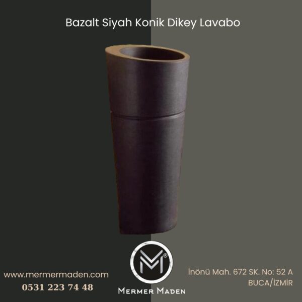 Bazalt Siyah Konik Dikey Lavabo | Modern ve Şık Doğal Taş Lavabo
