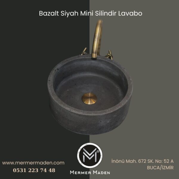 Bazalt Siyah Mini Silindir Lavabo | Modern ve Şık Doğal Taş Lavabo