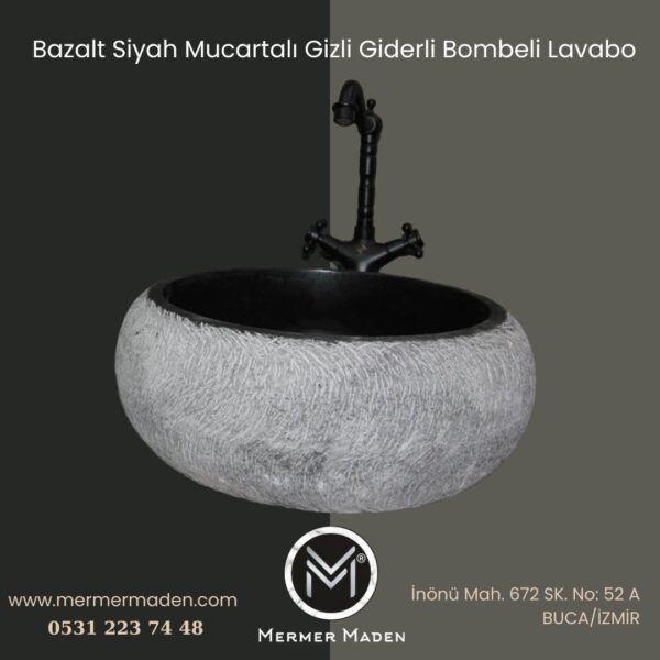 Bazalt Siyah Mucartalı Gizli Giderli Bombeli Lavabo | Modern ve Şık Doğal Taş Lavabo