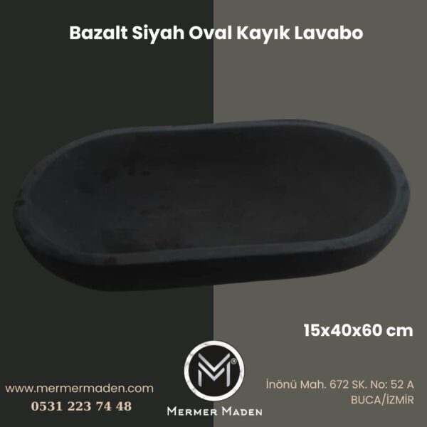 Bazalt Siyah Oval Kayık Lavabo | Modern ve Şık Doğal Taş Lavabo