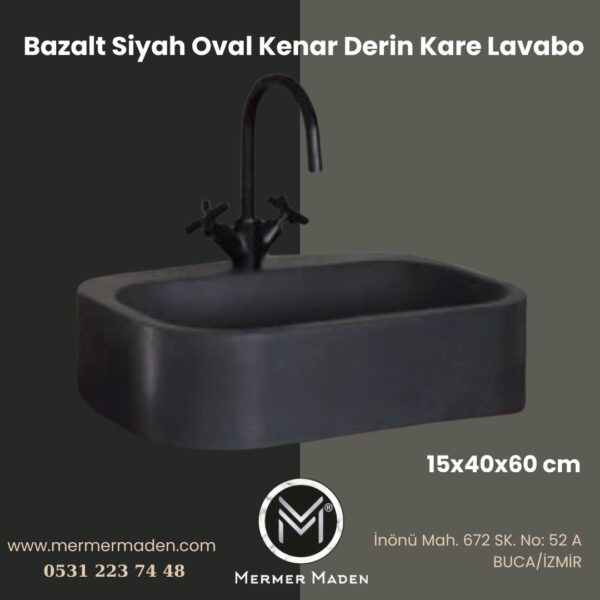 Bazalt Siyah Oval Kenar Derin Kare Lavabo | Modern ve Şık Doğal Taş Lavabo