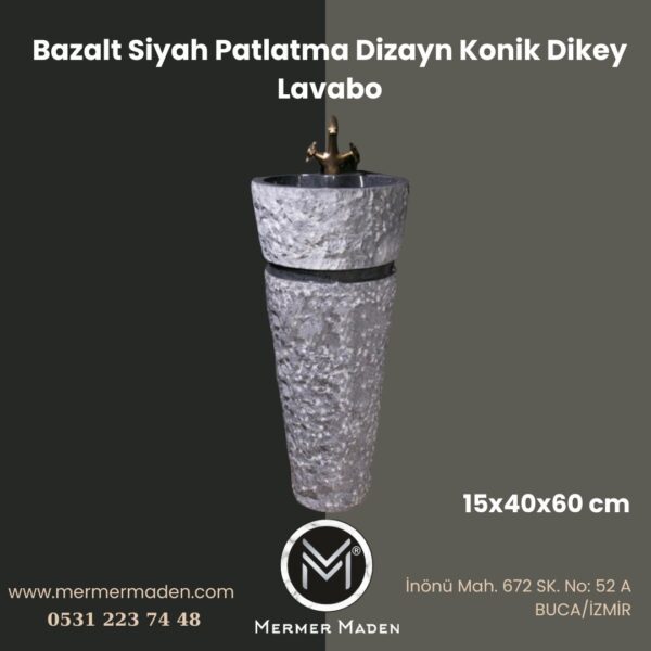 Bazalt Siyah Patlatma Dizayn Konik Dikey Lavabo | Modern ve Şık Doğal Taş Lavabo