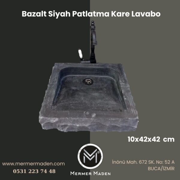 Bazalt Siyah Patlatma Kare Lavabo | Modern ve Şık Doğal Taş Lavabo