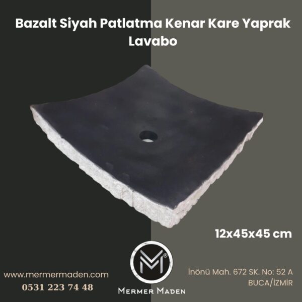 Bazalt Siyah Patlatma Kenar Kare Yaprak Lavabo | Modern ve Şık Doğal Taş Lavabo